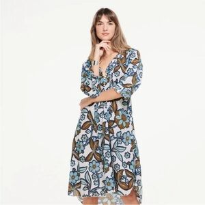 One Season Middy Poppy Dress Oman White Blue Floral Crinkle Cotton Boho Midi M